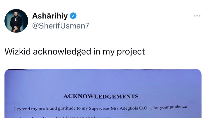 Student Acknowledges Wizkid in Final Year Project