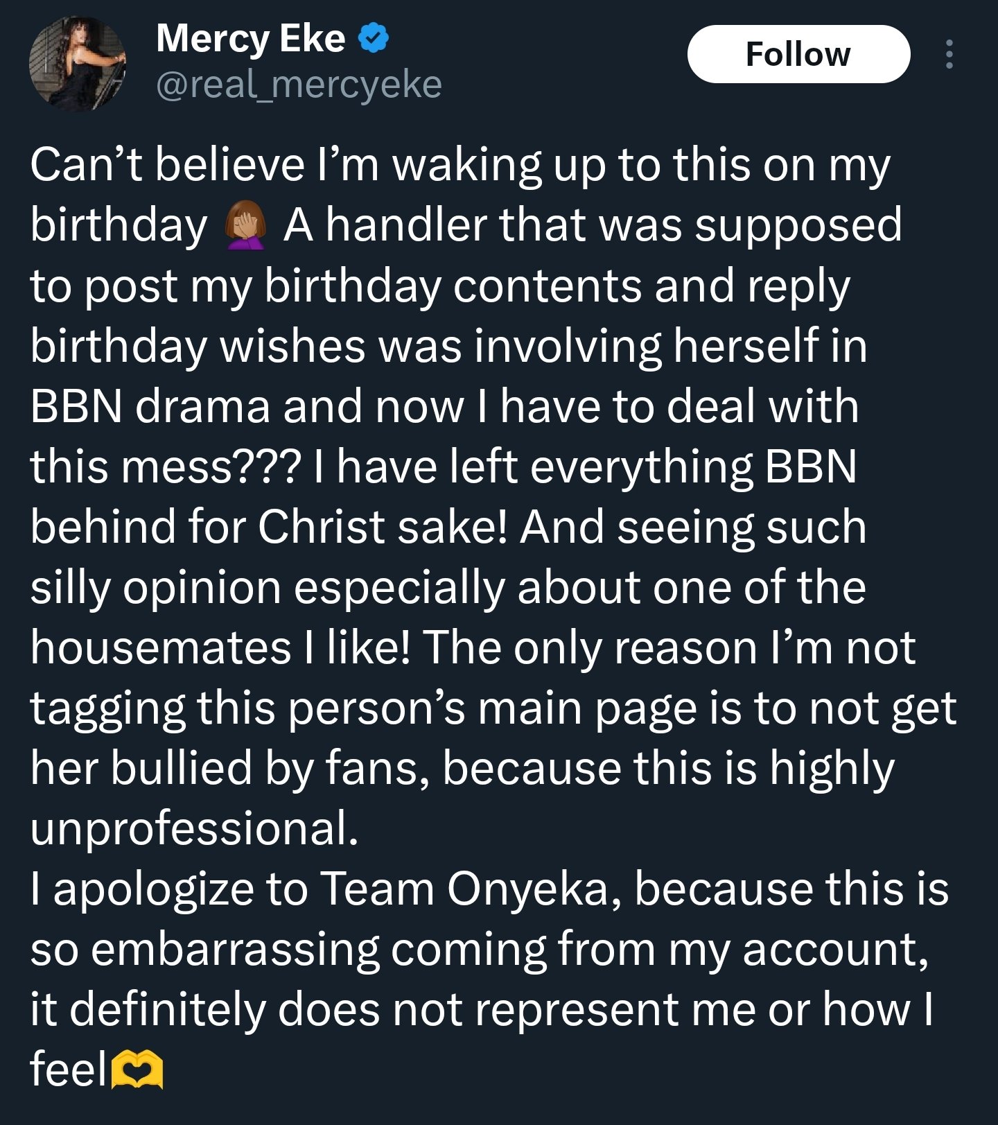 Mercy Eke Apologizes to BBNaija's Onyeka