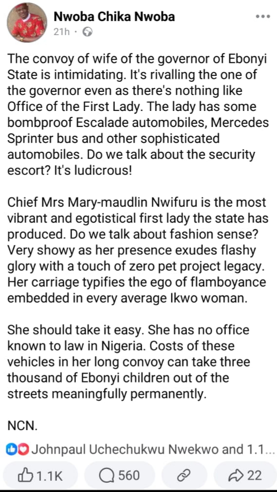 Ebonyi First Lady Criticized for Lavish Convoy and Extravagance