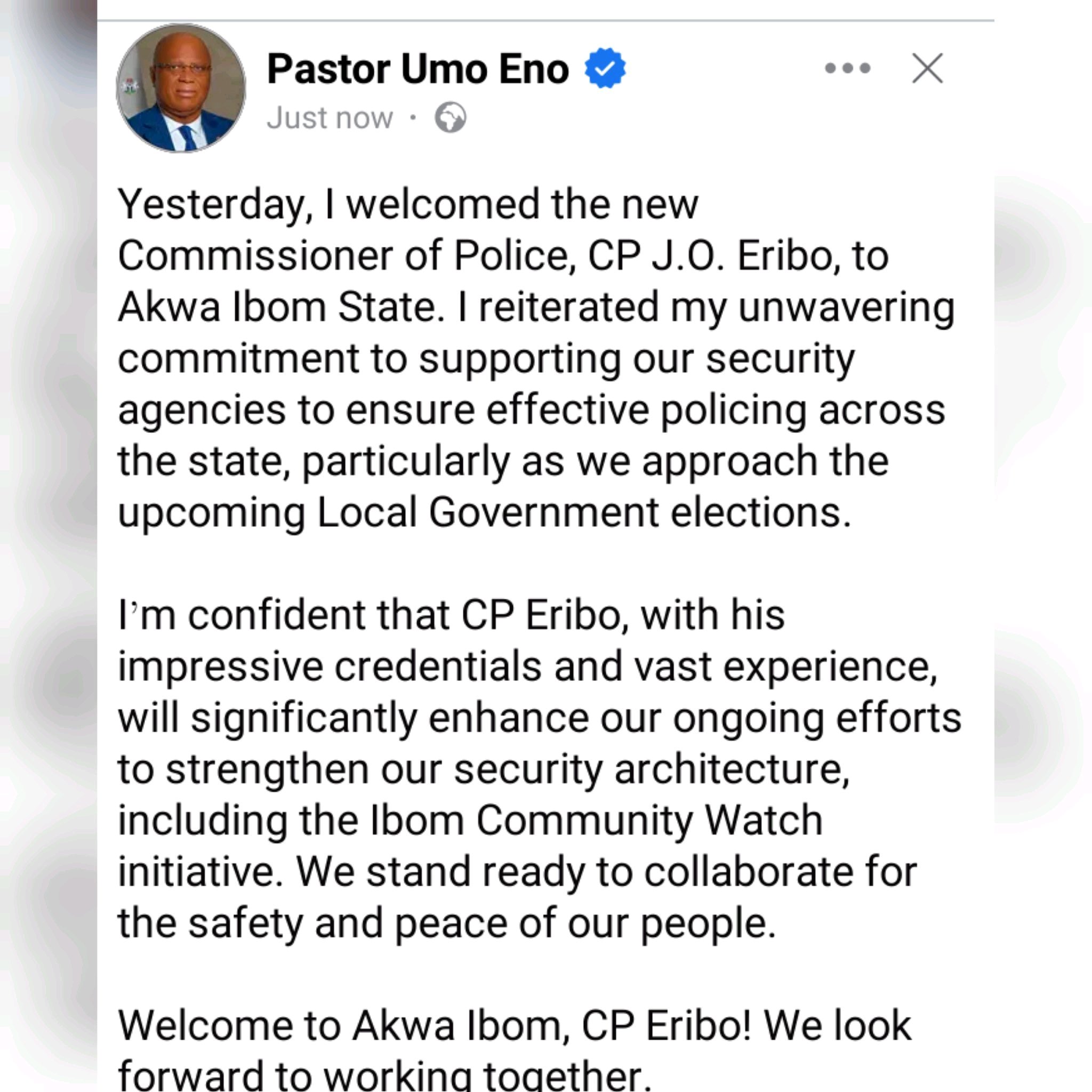 Governor Umo Eno Welcomes New Akwa Ibom Police Commissioner