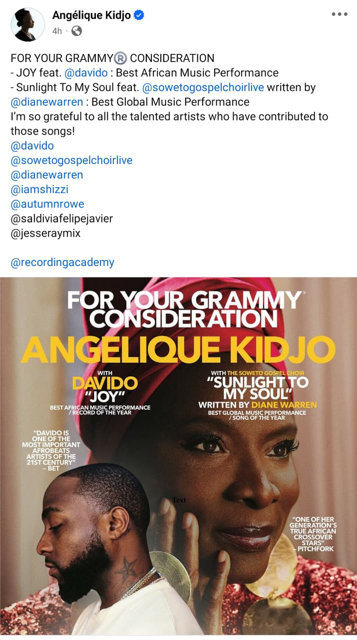 Angelique Kidjo has officially submitted her track "Joy," featuring Nigerian Afrobeats star Davido, for consideration in two categories at the upcoming 2025 Grammy Awards