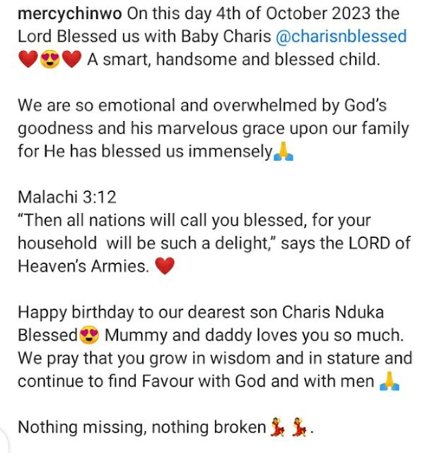 Mercy Chinwo and her husband celebrated the first birthday of their son, Charis Nduka Blessed, with a touching message of gratitude. In an Instagram post, Mercy expressed her overwhelming joy and thankfulness for the blessing of their son, whom she described as "a smart, handsome, and blessed child."